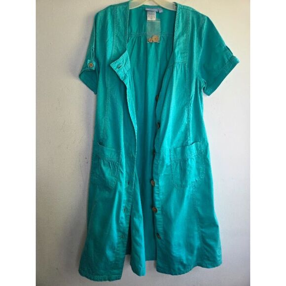 NWOT Koret Women Teal Green 100% Cotton Denim Button Front Midi Dress size Large - Picture 2 of 7